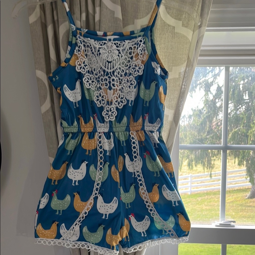 Charming Blue Chicken Print Romper